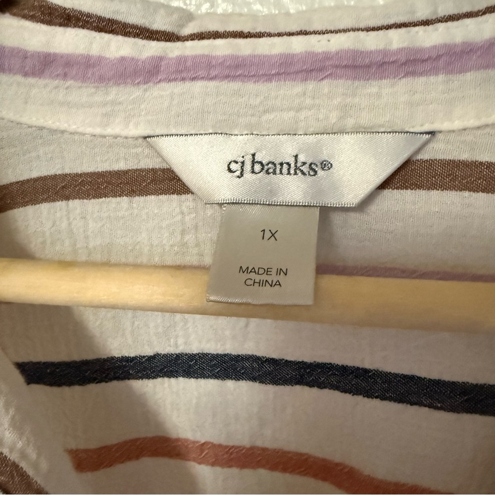 CJ Banks 100% Cotton Striped Button Down Shirt Coastal Cottagecore Top - Picture 2 of 6